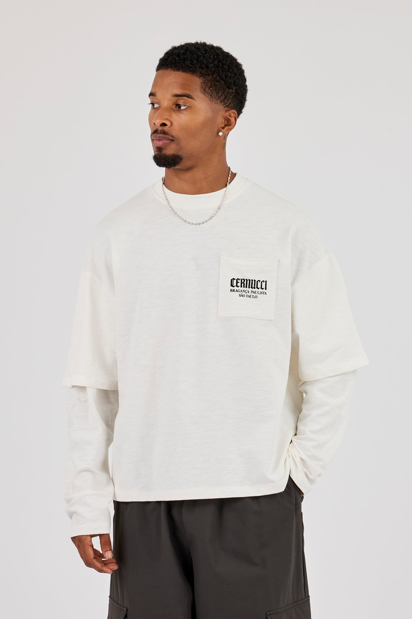 Long Sleeve Slub Faux Layer Pocket T-Shirt - White