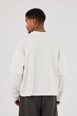 Long Sleeve Slub Faux Layer Pocket T-Shirt - White