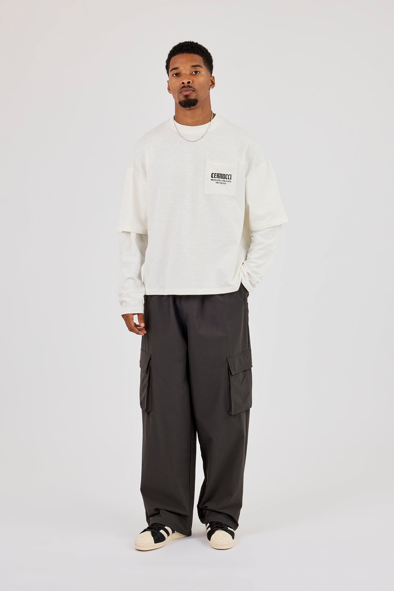 Long Sleeve Slub Faux Layer Pocket T-Shirt - White