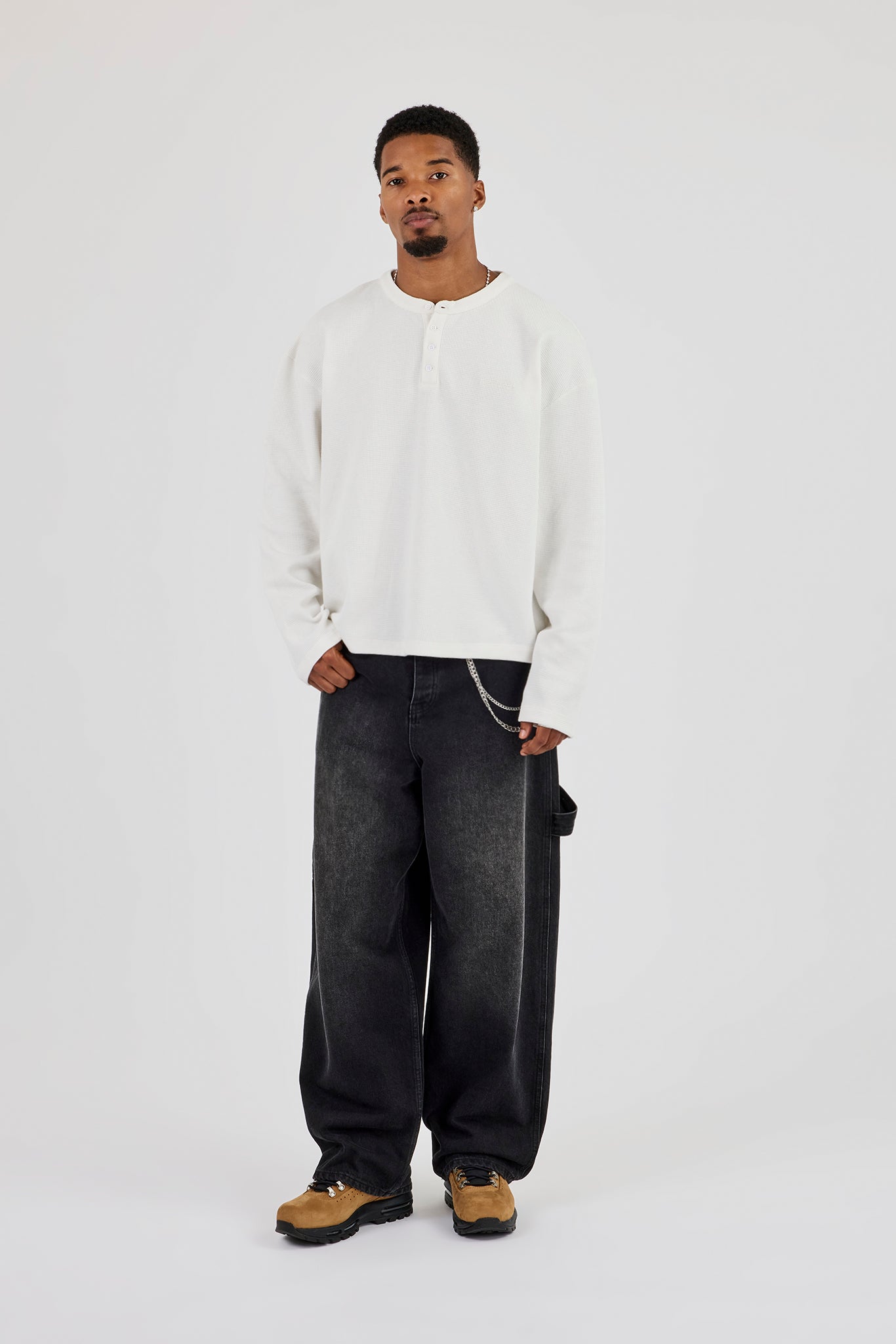 Long Sleeve Waffle Embroidered Henley Top - Off White