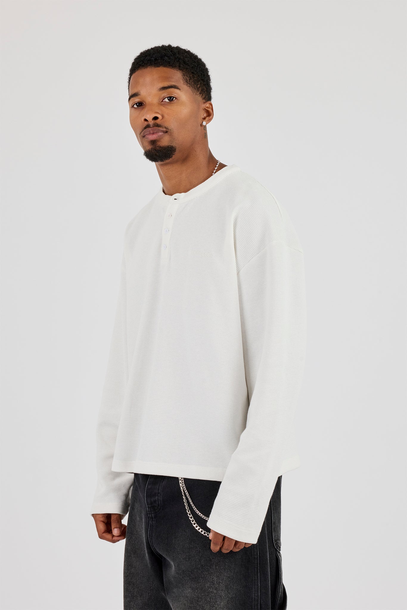 Long Sleeve Waffle Embroidered Henley Top - Off White