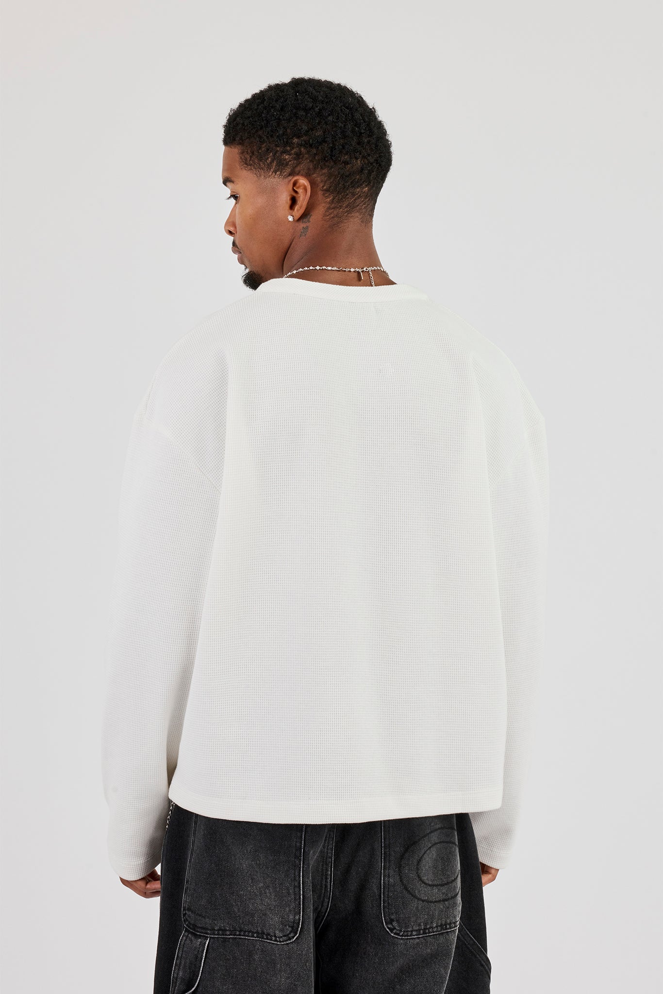 Long Sleeve Waffle Embroidered Henley Top - Off White