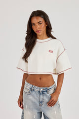 Cropped Contrast Stitch 333 Cherub T-Shirt - Off White