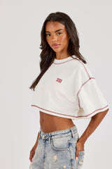 Cropped Contrast Stitch 333 Cherub T-Shirt - Off White