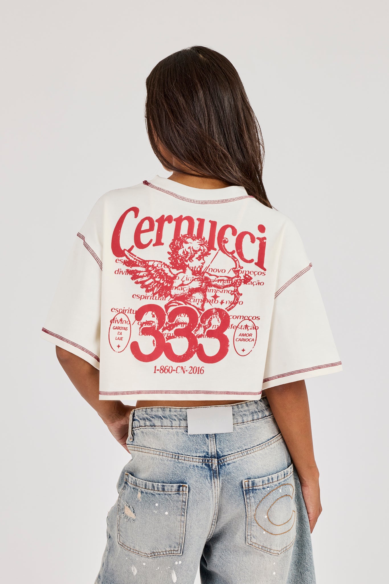 Cropped Contrast Stitch 333 Cherub T-Shirt - Off White