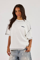 Oversized Contrast Stitch Diamond Diner T-Shirt - Off White