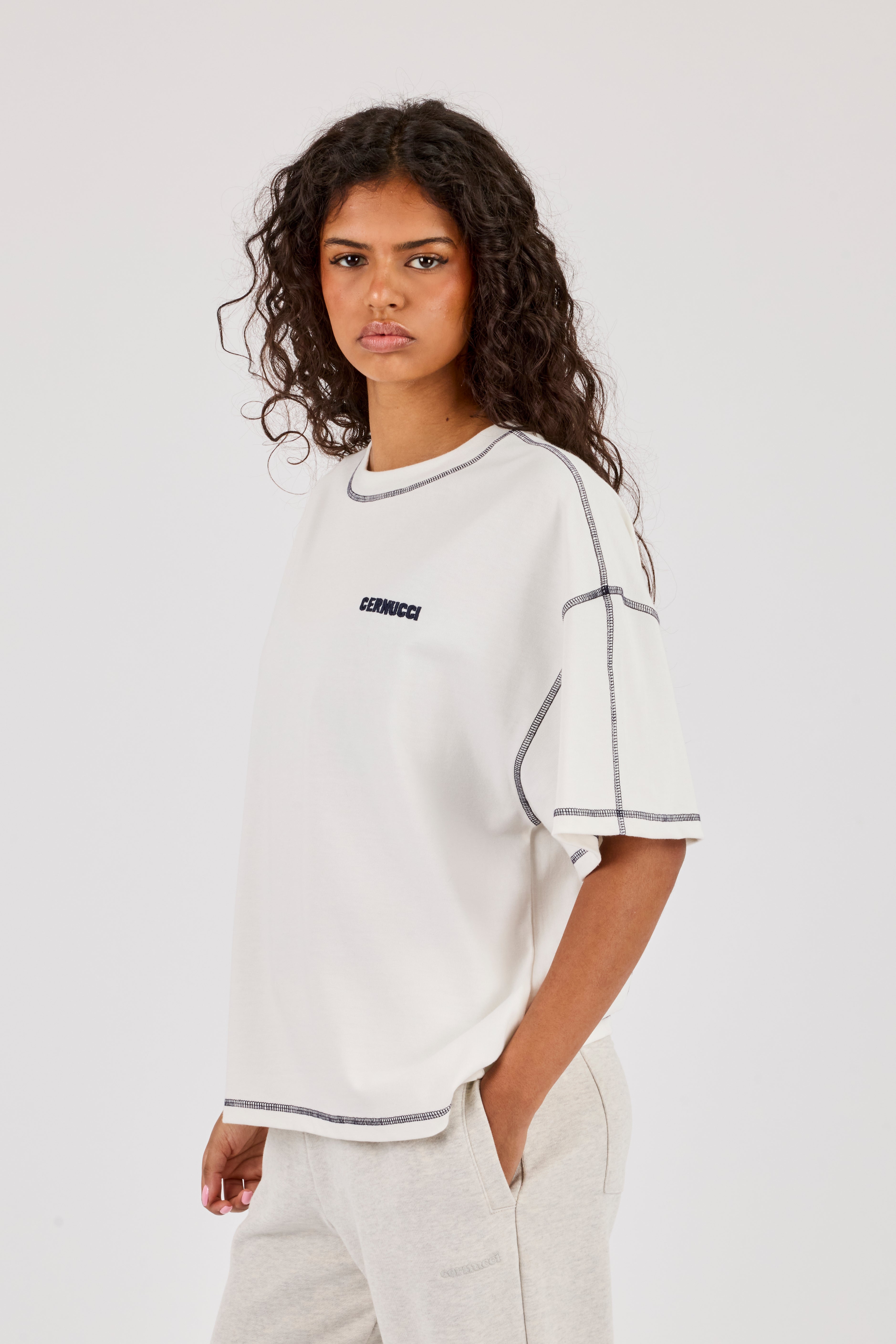 Oversized Contrast Stitch Diamond Diner T-Shirt - Off White