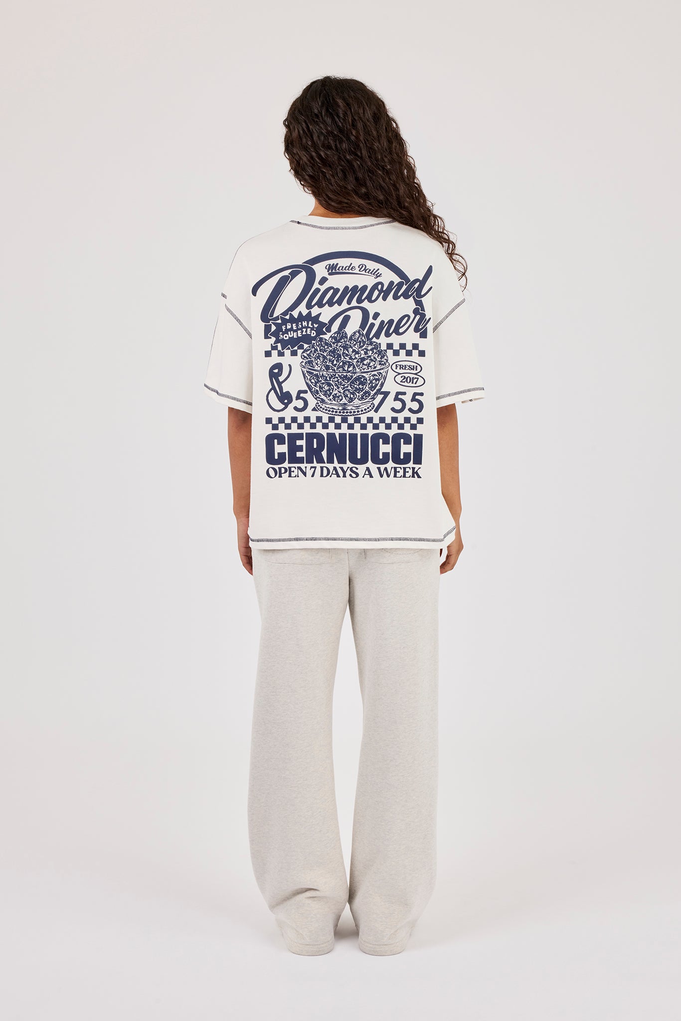 Oversized Contrast Stitch Diamond Diner T-Shirt - Off White