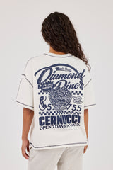 Oversized Contrast Stitch Diamond Diner T-Shirt - Off White