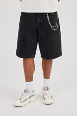 Denim Bermuda Jorts & 10mm C Branded Double Layer Rose Motif Jean Chain - Washed Black