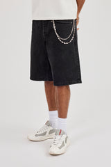 Denim Bermuda Jorts & 10mm C Branded Double Layer Rose Motif Jean Chain - Washed Black