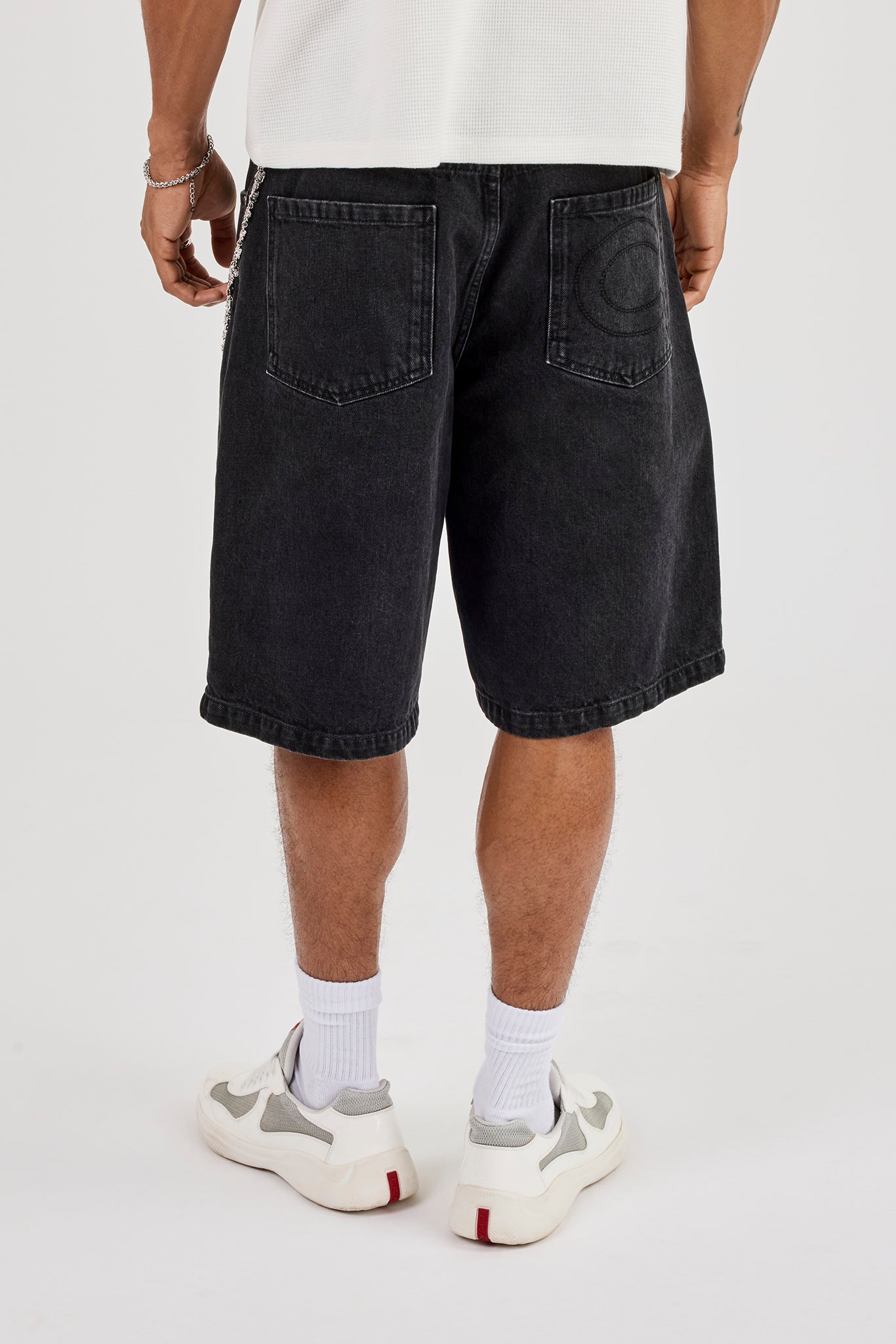 Denim Bermuda Jorts & 10mm C Branded Double Layer Rose Motif Jean Chain - Washed Black