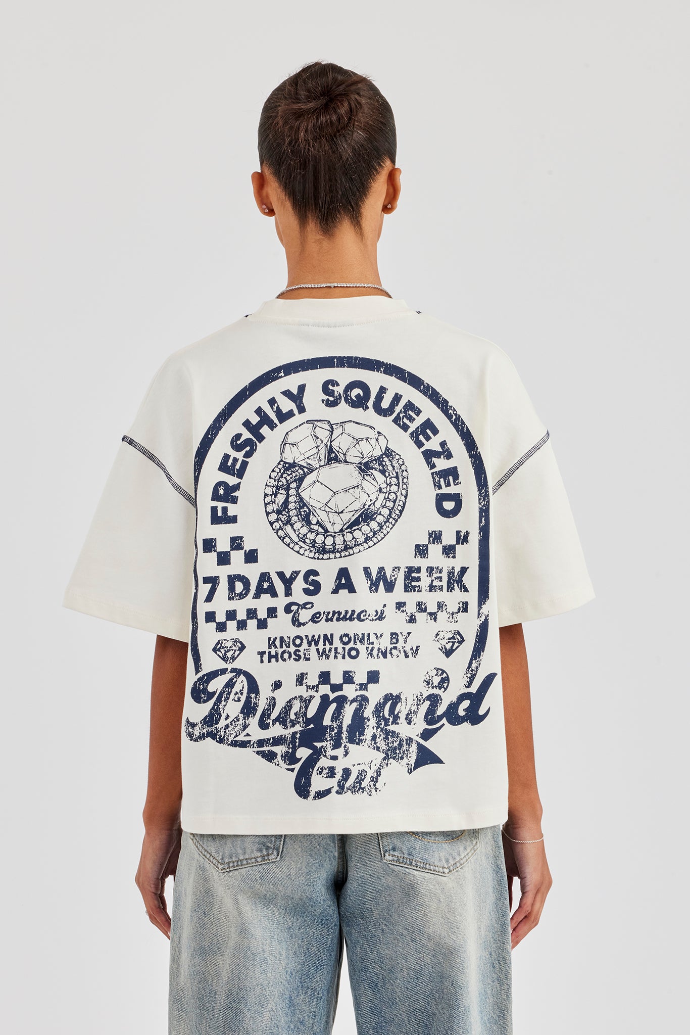 Diamond Cut Contrast Stitch T-Shirt - Off White | Womens Tees