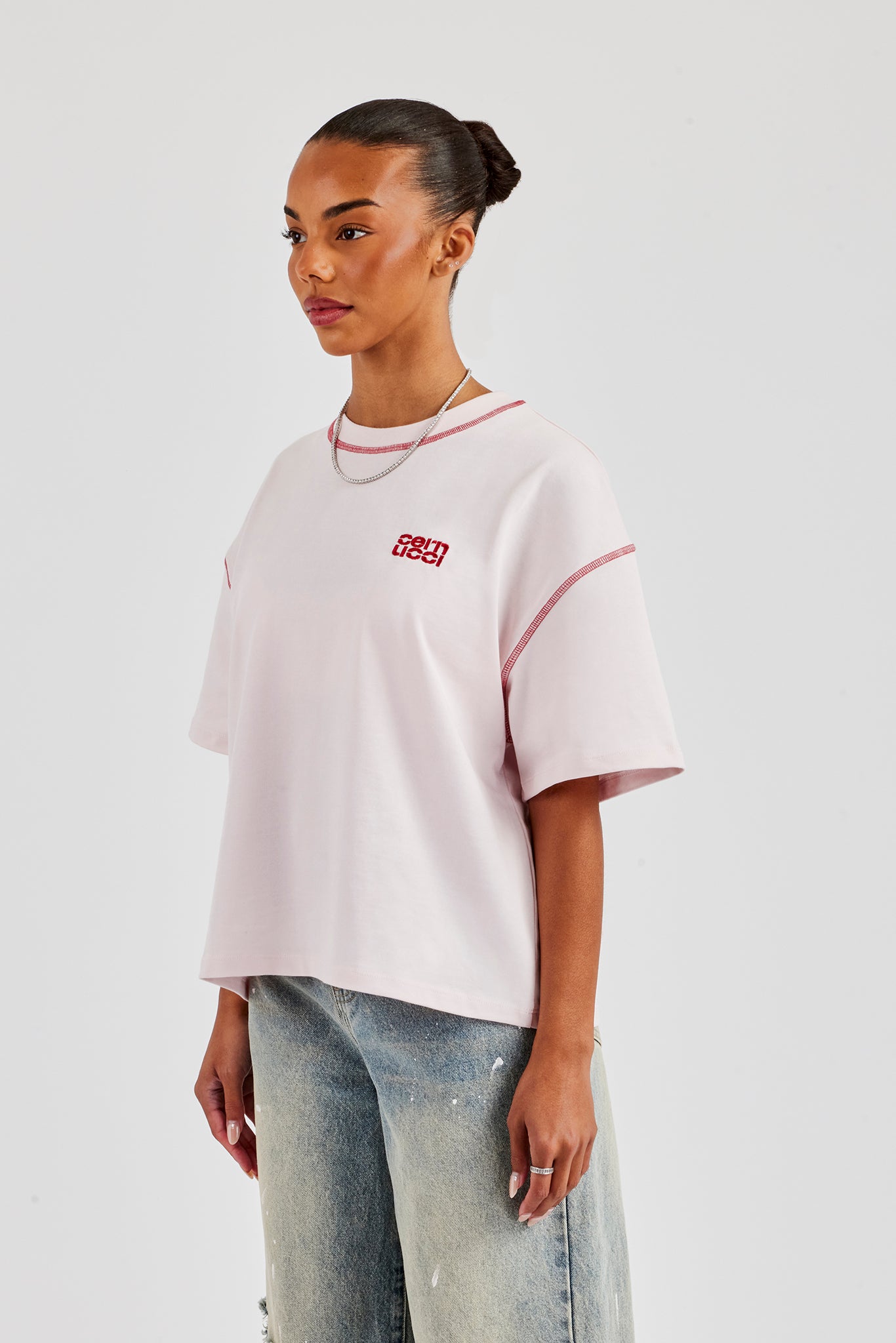 Diamond Cut Contrast Stitch T-Shirt - Baby Pink