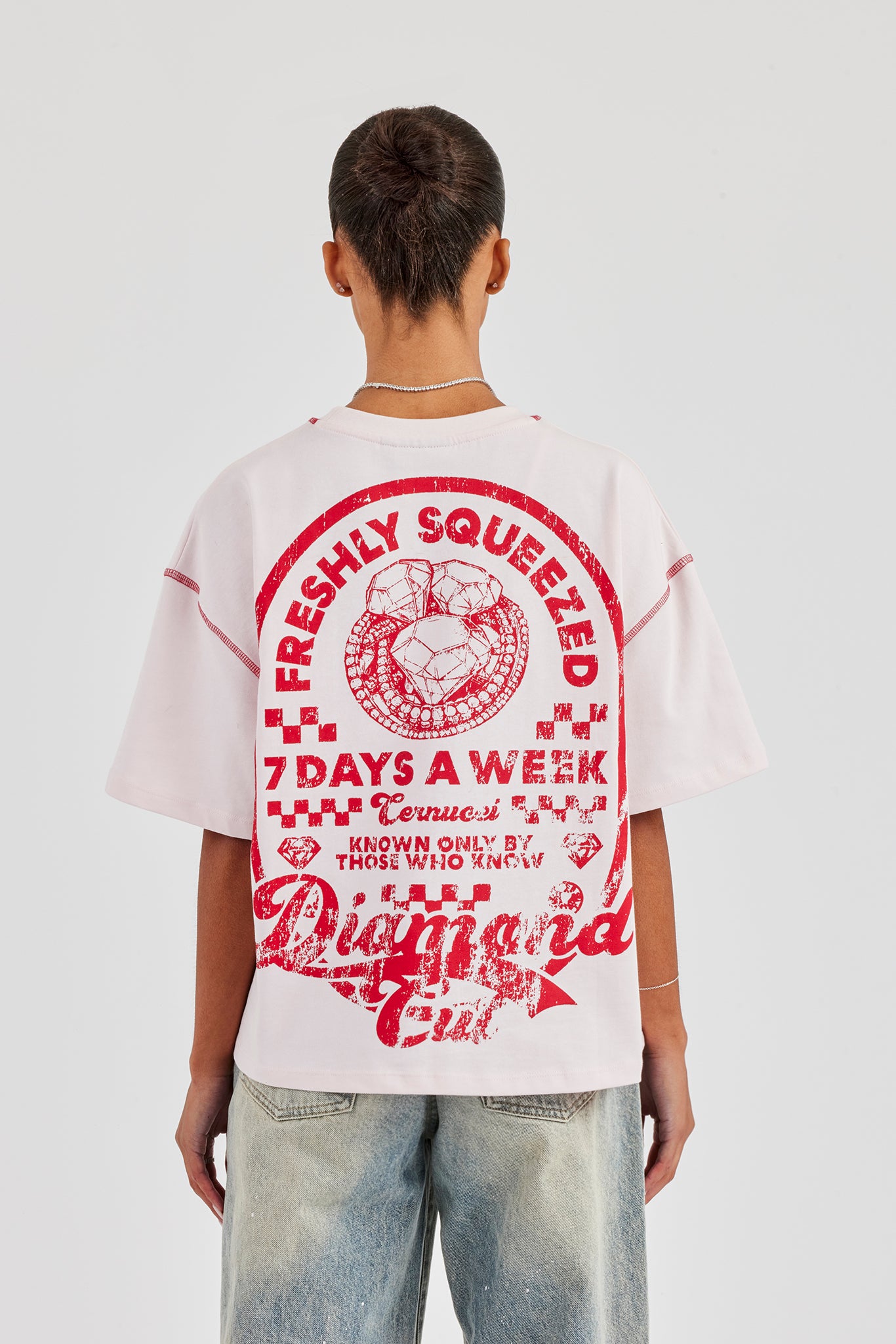 Diamond Cut Contrast Stitch T-Shirt - Baby Pink | Womens Tees