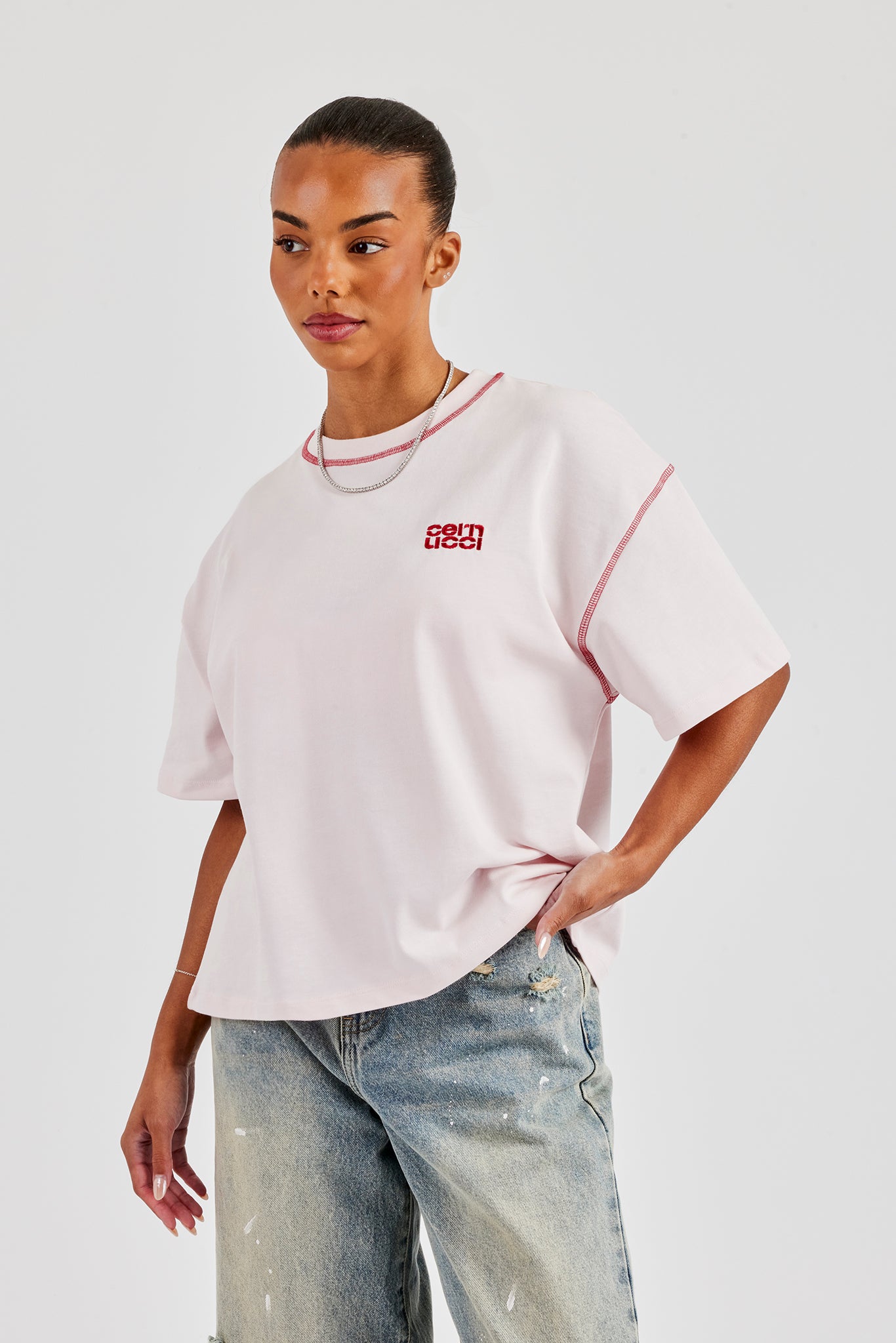 Diamond Cut Contrast Stitch T-Shirt - Baby Pink | Womens Tees