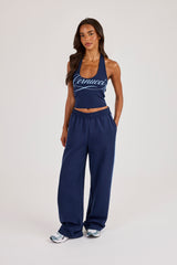 Cracked Print Panelled Wide Leg Jogger - Navy Blue