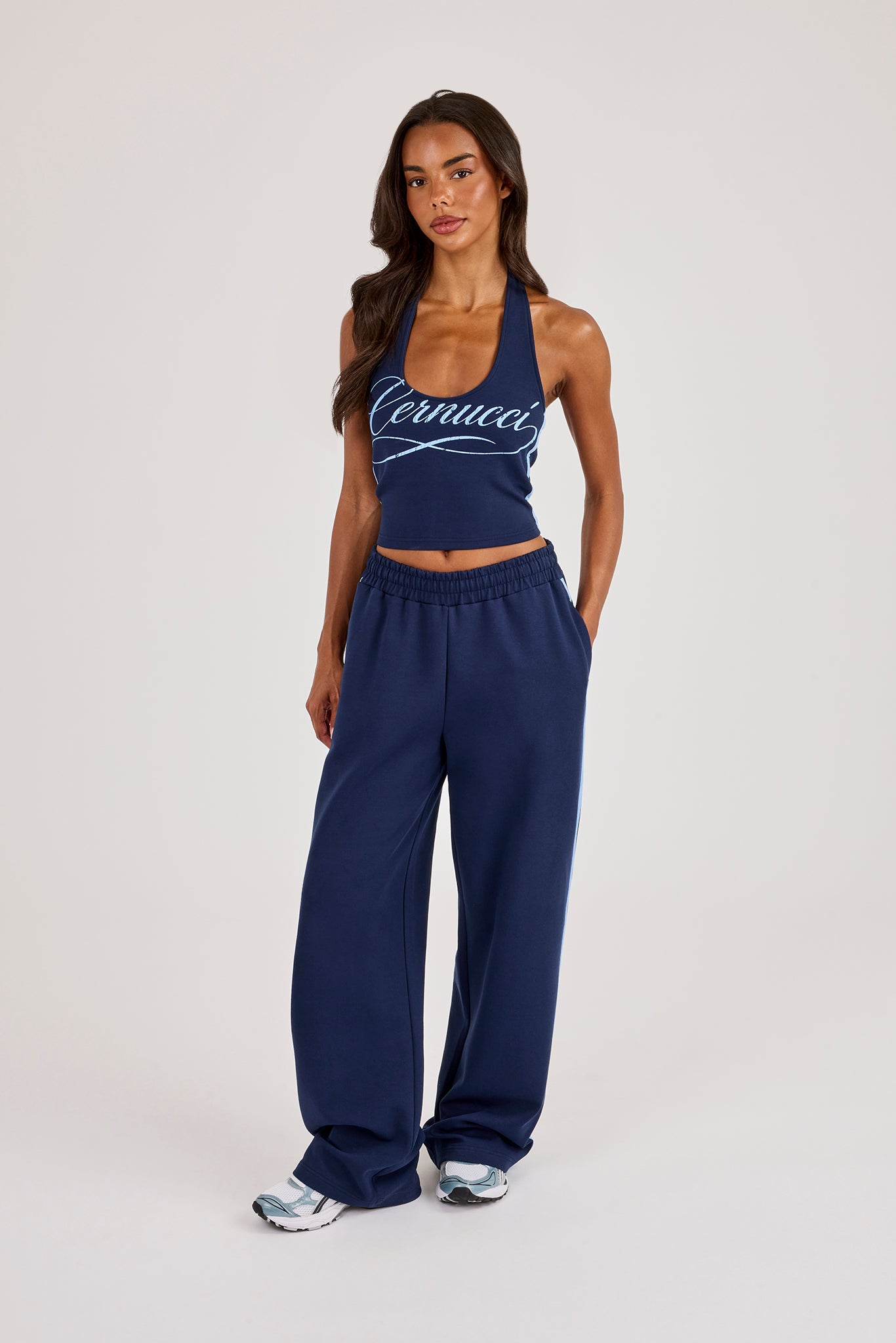 Cracked Print Halterneck Top & Wide Leg Jogger - Navy Blue