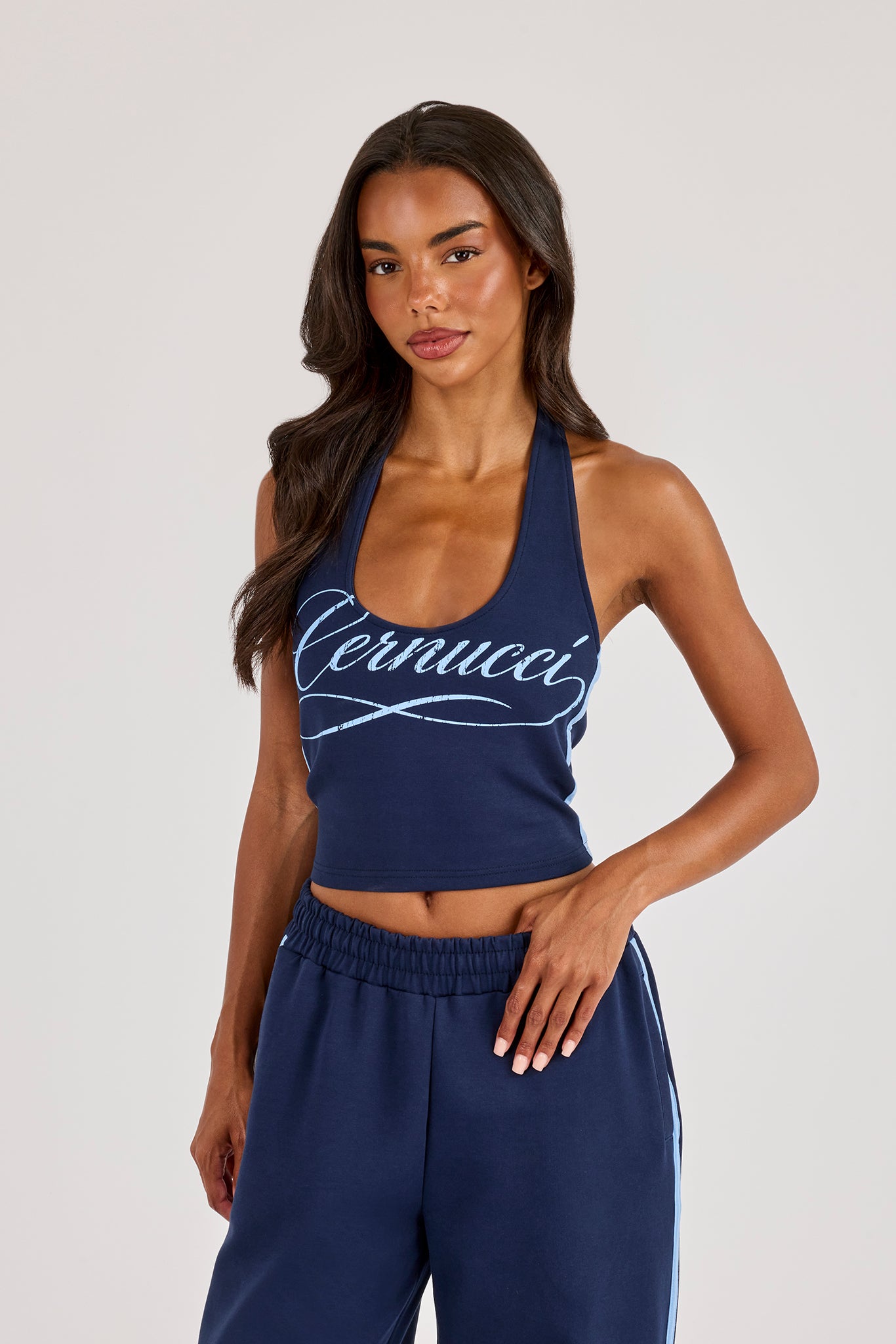 Cracked Print Halterneck Top - Navy Blue