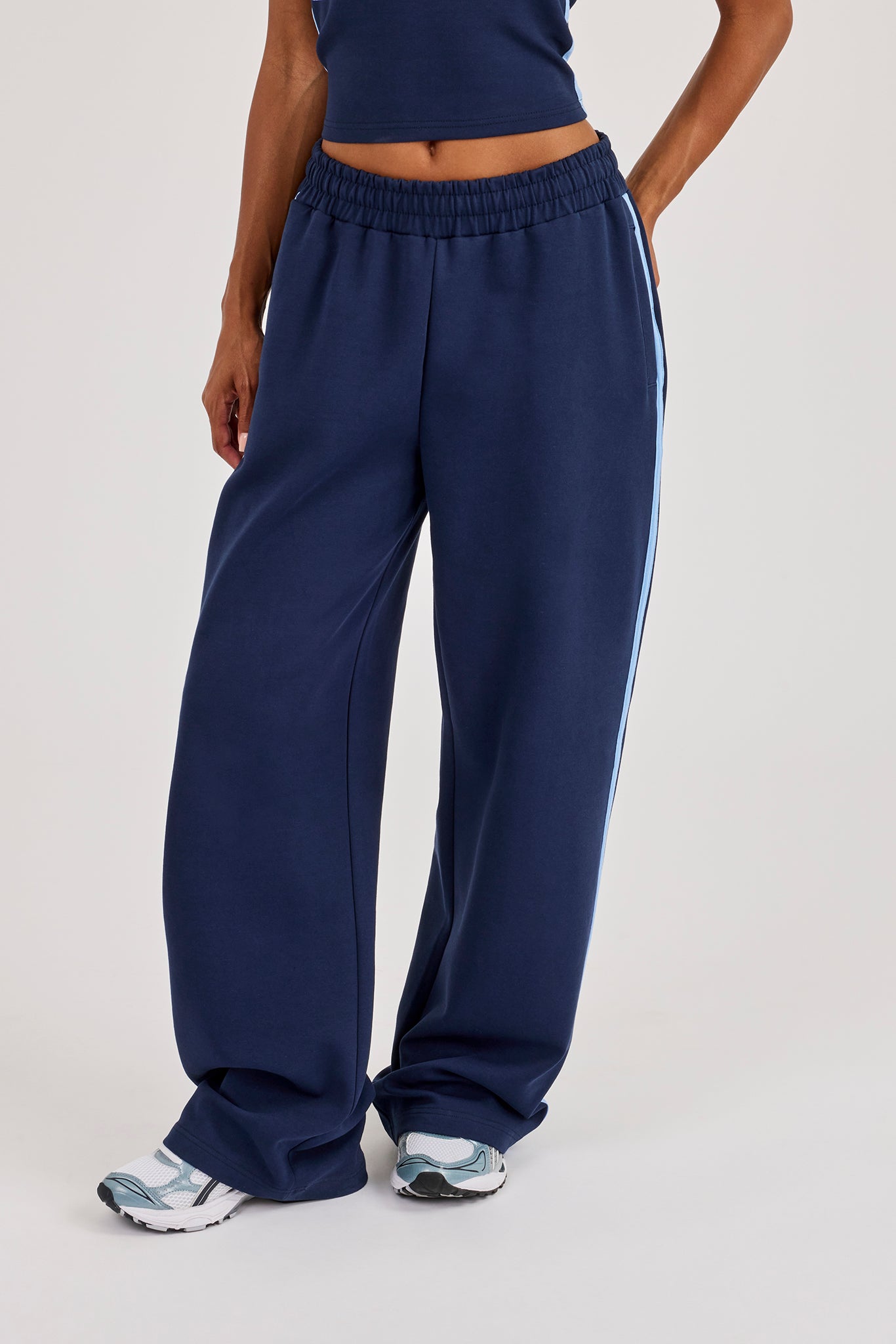 Cracked Print Panelled Wide Leg Jogger - Navy Blue