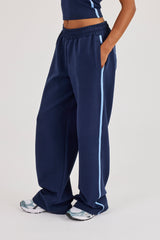 Cracked Print Panelled Wide Leg Jogger - Navy Blue
