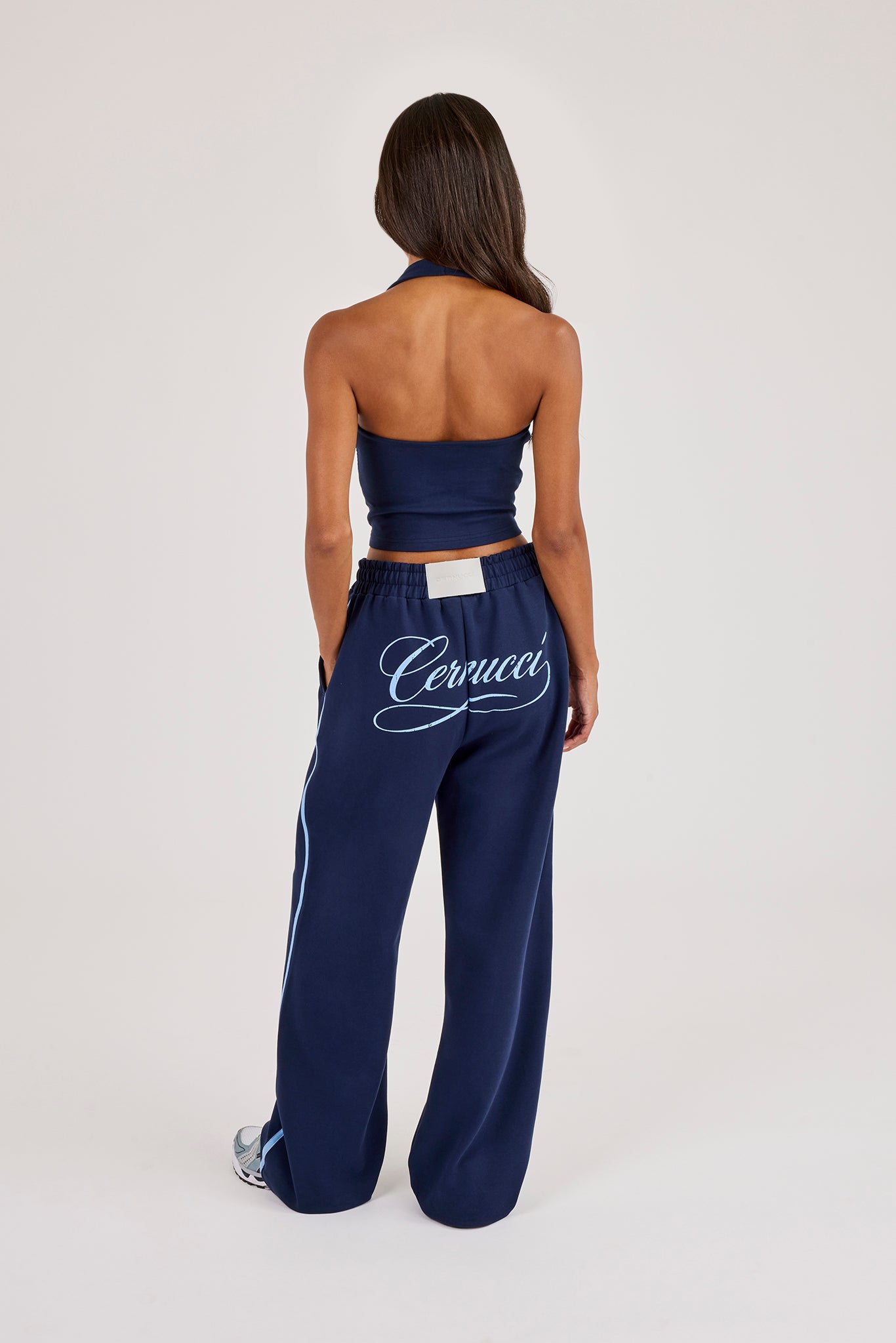 Cracked Print Halterneck Top & Wide Leg Jogger - Navy Blue