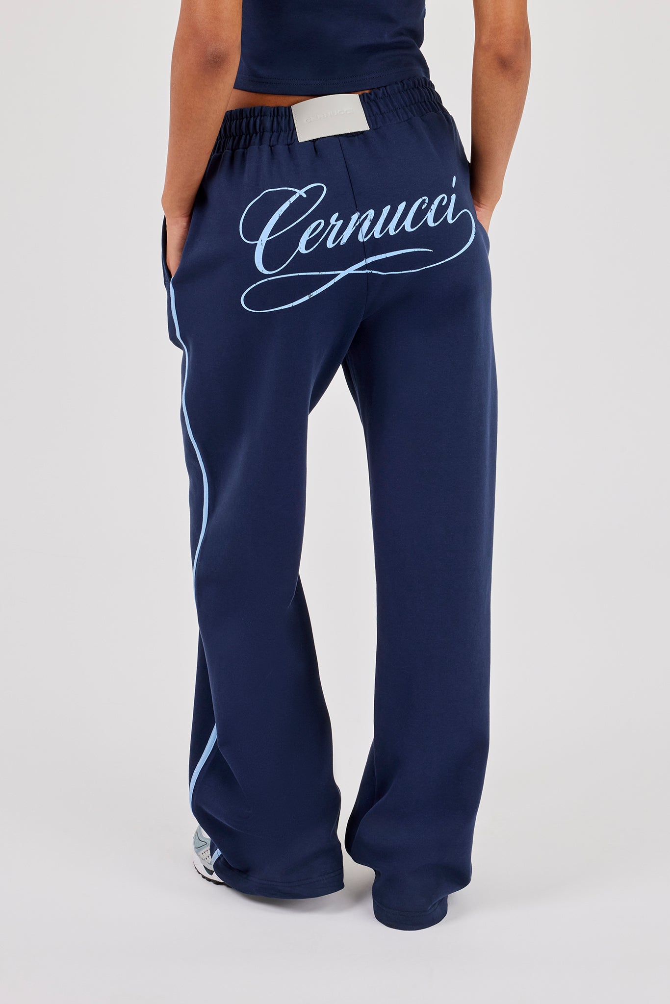 Cracked Print Panelled Wide Leg Jogger - Navy Blue