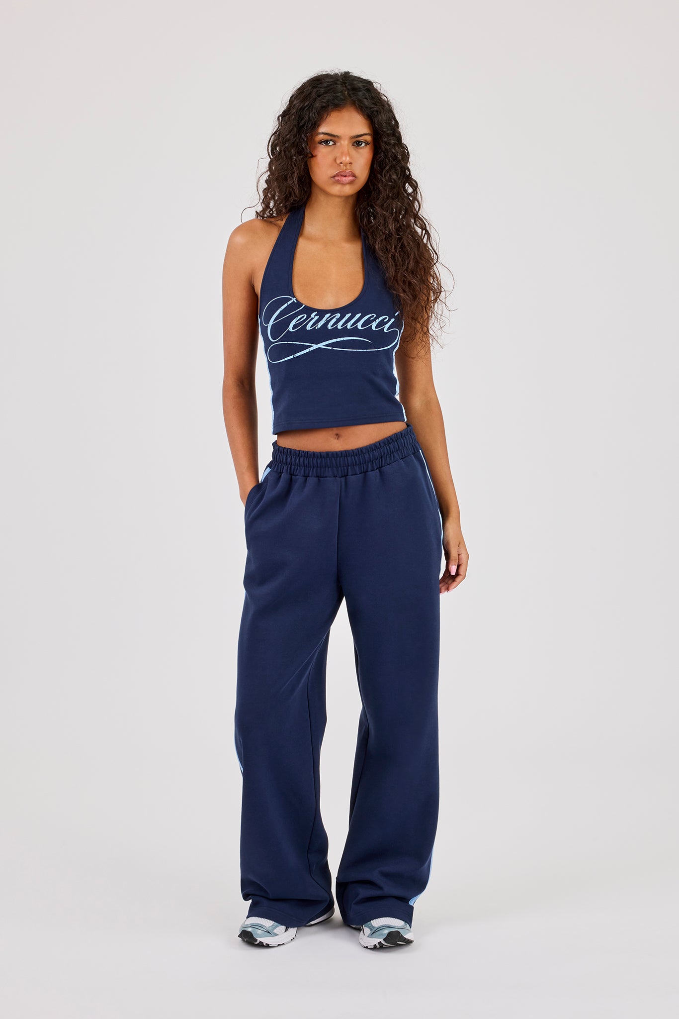 Cracked Print Panelled Wide Leg Jogger - Navy Blue