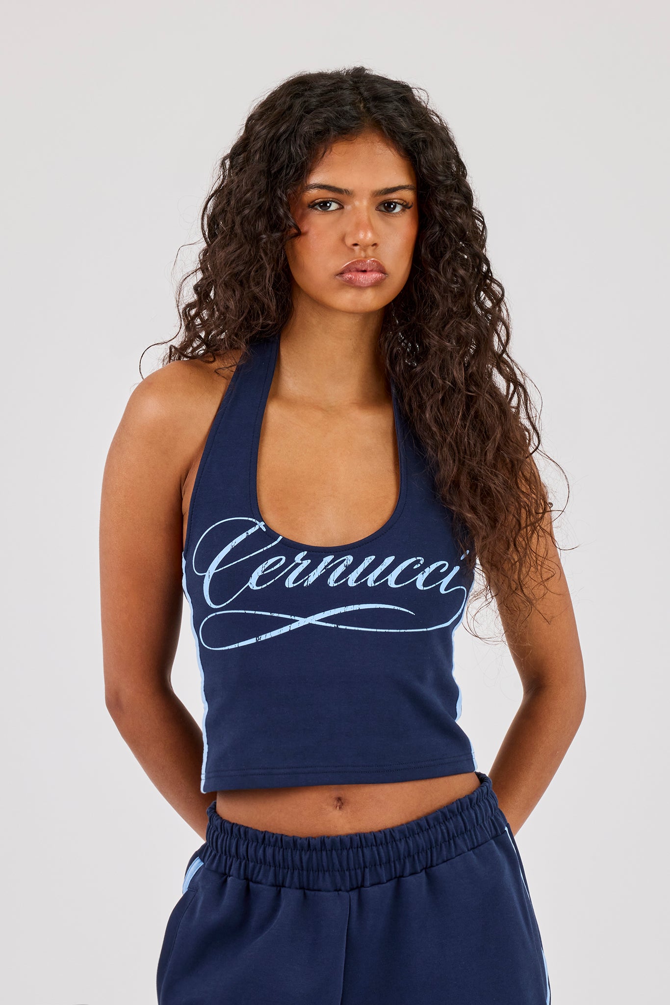 Cracked Print Halterneck Top - Navy Blue