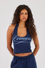 Cracked Print Halterneck Top - Navy Blue