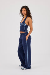 Cracked Print Halterneck Top & Wide Leg Jogger - Navy Blue