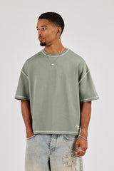 Contrast Stitch Boxy Amor Carioca T-Shirt - Dusty Green
