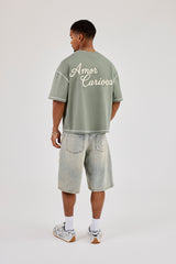 Contrast Stitch Boxy Amor Carioca T-Shirt - Dusty Green