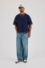 Contrast Stitch Boxy Amor Carioca T-Shirt - Navy Blue
