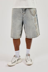 Logo Applique Denim Jorts & 10mm Polished Double Layer Cross Motif Jean Chain - Antique Wash