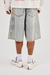 Logo Applique Denim Jorts & 10mm Polished Double Layer Cross Motif Jean Chain - Antique Wash