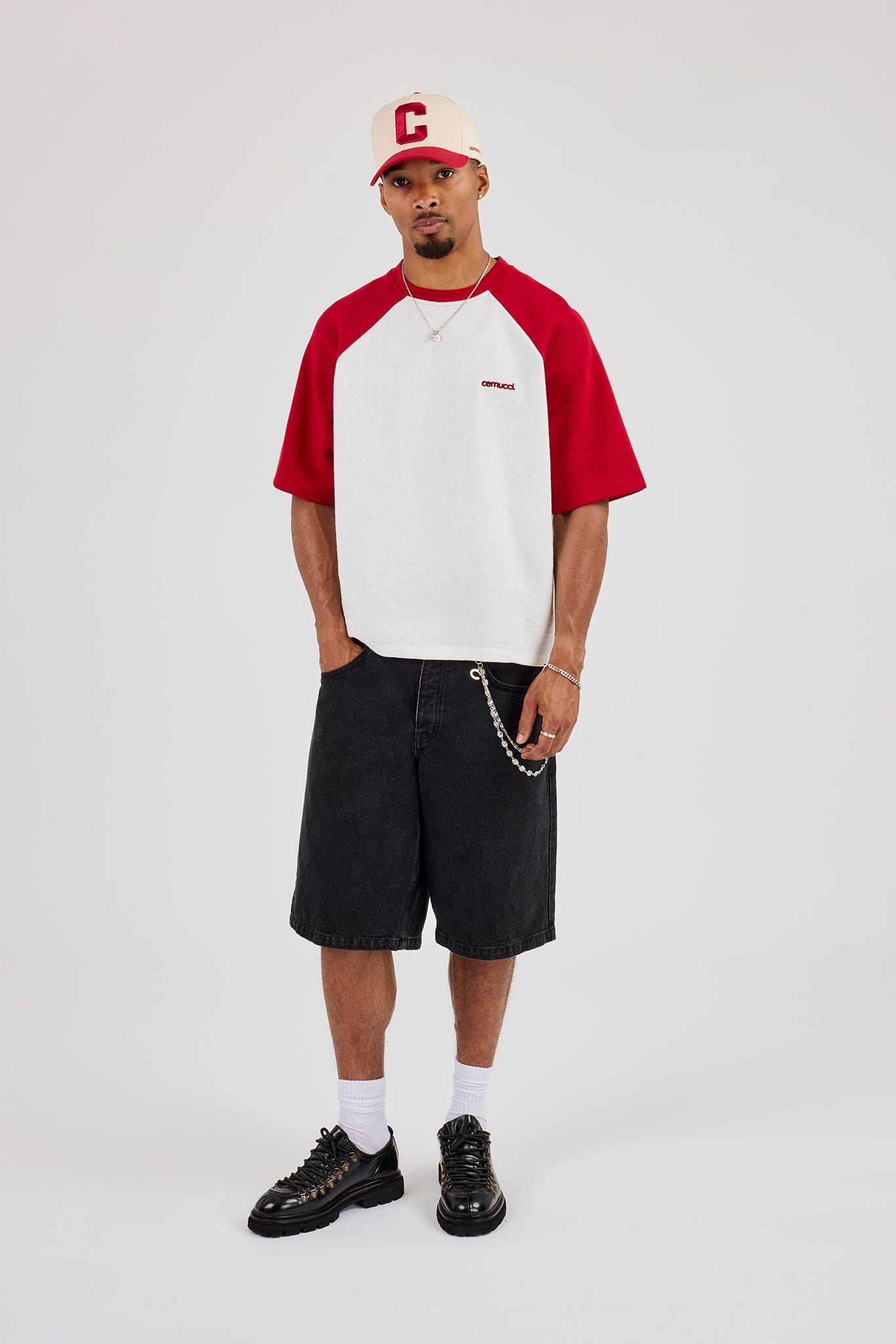 Waffle Raglan Logo Boxy T-Shirt - Red