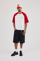 Waffle Raglan Logo Boxy T-Shirt - Red