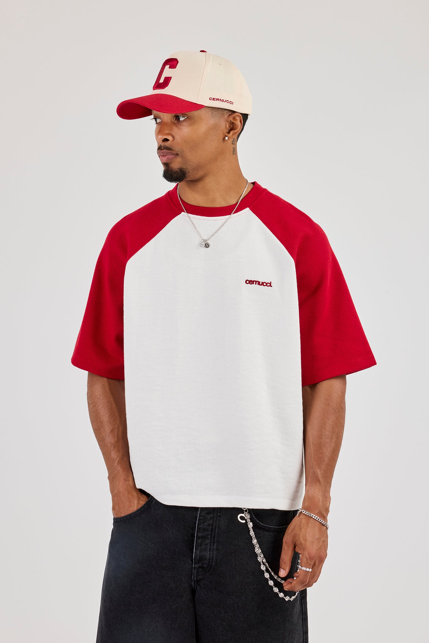 Waffle Raglan Logo Boxy T-Shirt - Red