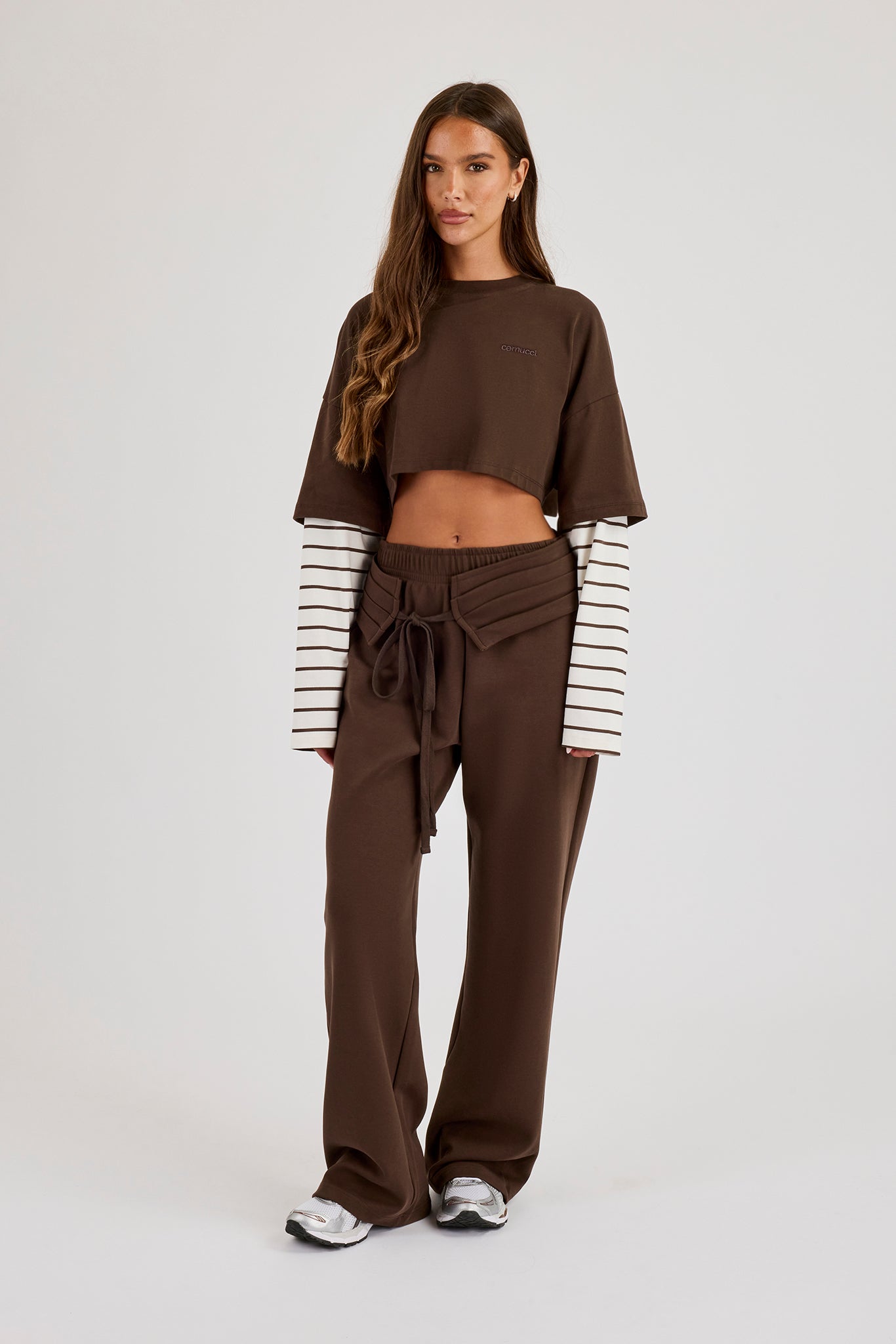 Pleated Waistband Wide Leg Jogger - Chocolate