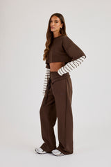 Faux Stripe Layered Cropped T-Shirt - Chocolate