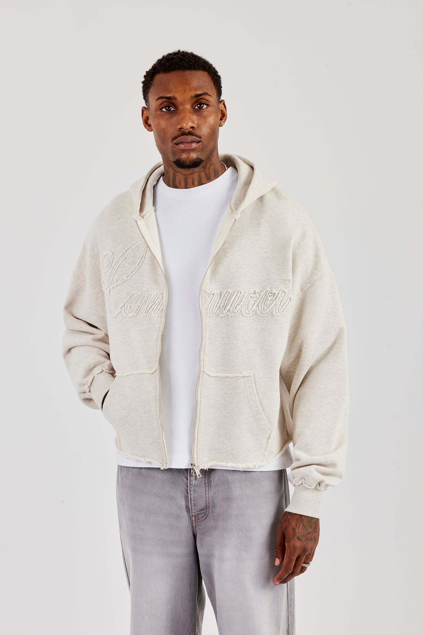 Boxy Applique Zip Hoodie - Ash Grey | Mens Hoodies & Sweats | Shop