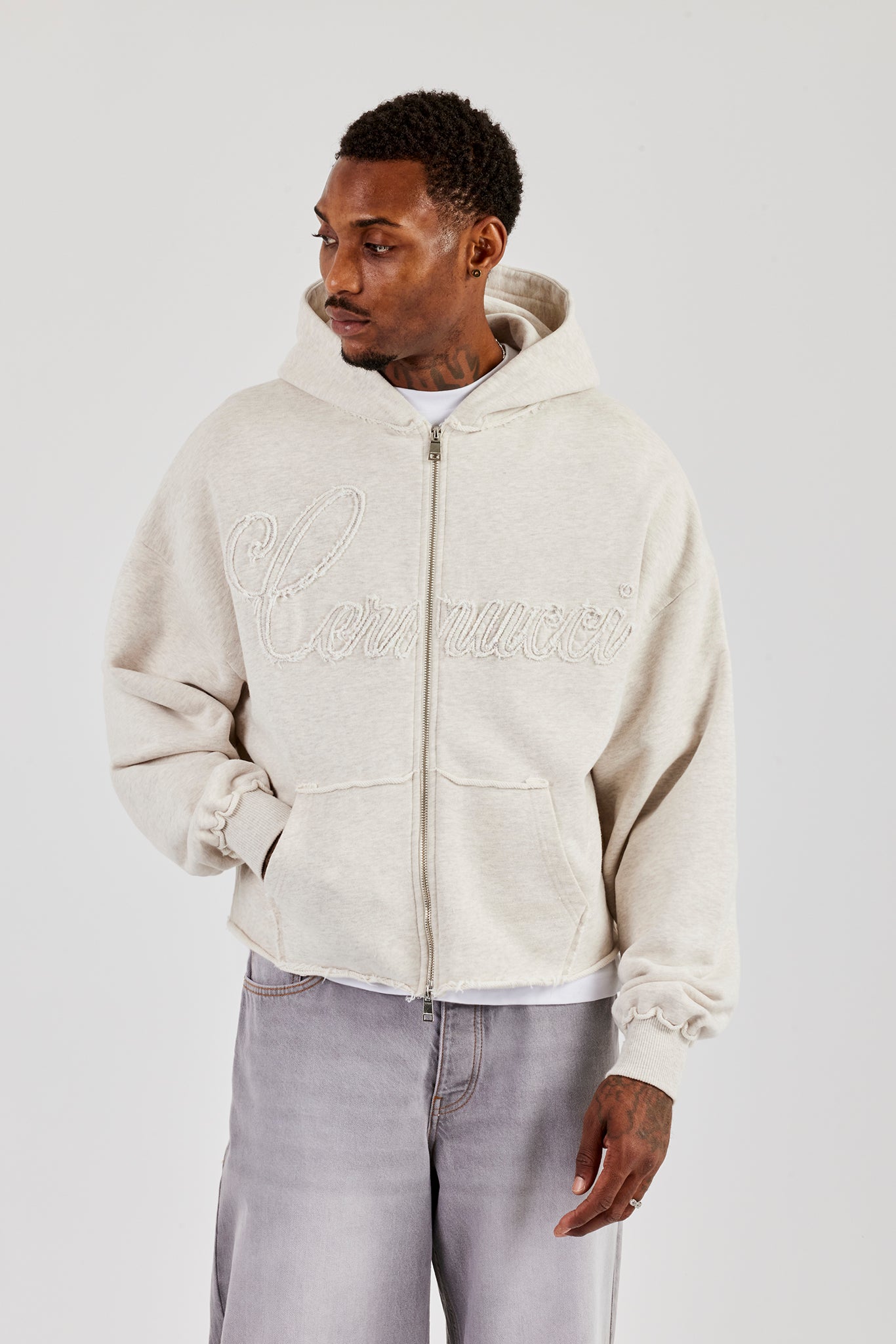 Boxy Applique Zip Hoodie - Ash Grey | Mens Hoodies & Sweats | Shop