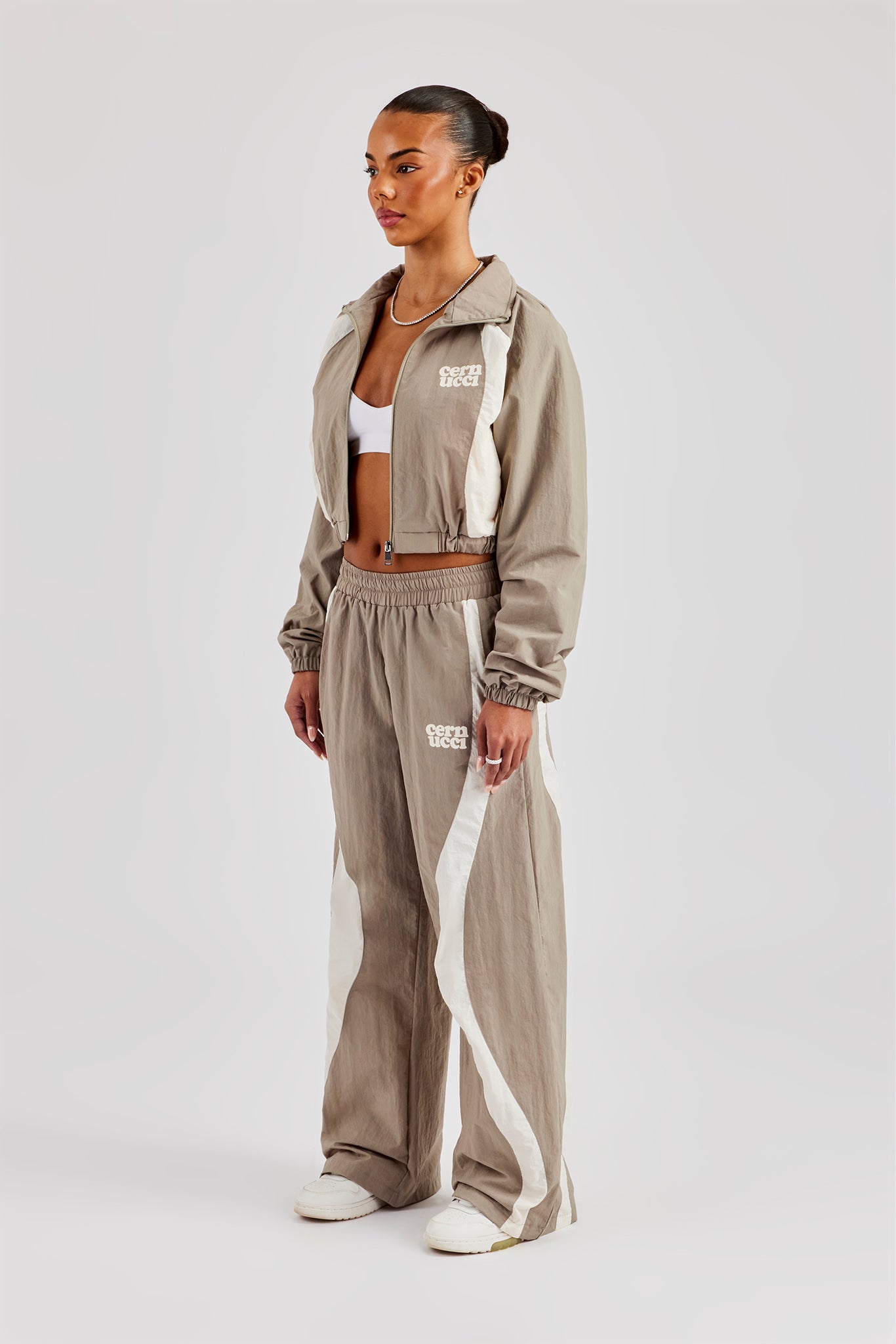 Contrast Panel Nylon Zip Through Tracksuit - Khaki | Womens Sets