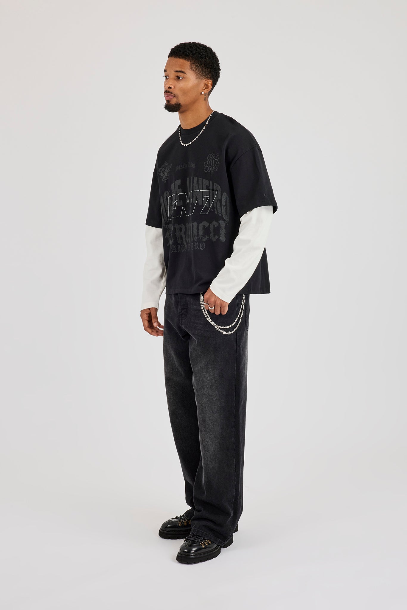 Long Sleeve Faux Layer Rio De Janeiro T-Shirt - Black