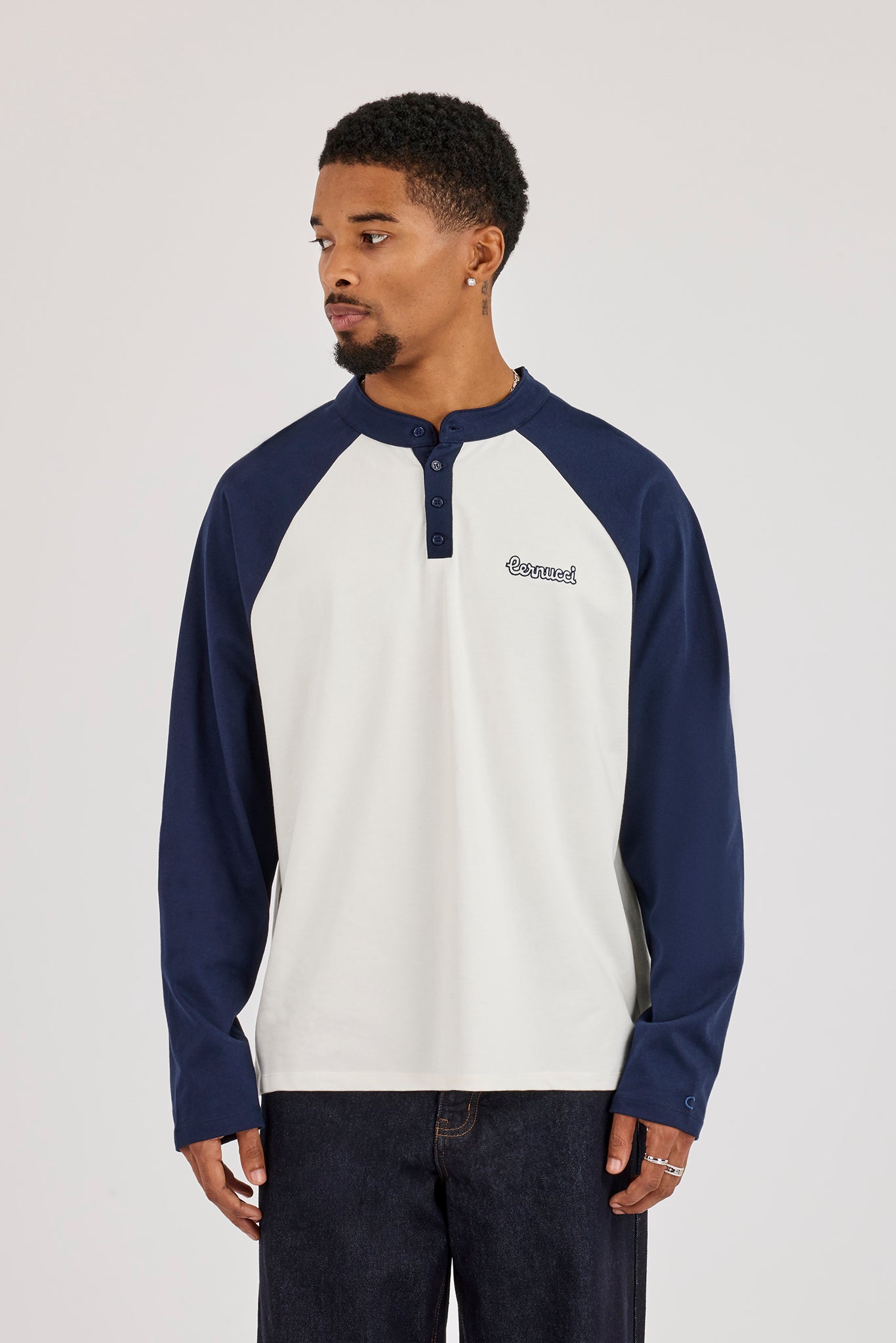 Long Sleeve Contrast Raglan Henley T-Shirt - Off White