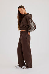 Cropped Distressed Print Zip Hoodie & Distressed Print Wide Leg Jogger – Chocolate