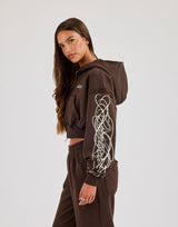 Cropped Distressed Print Zip Hoodie - Chocolate