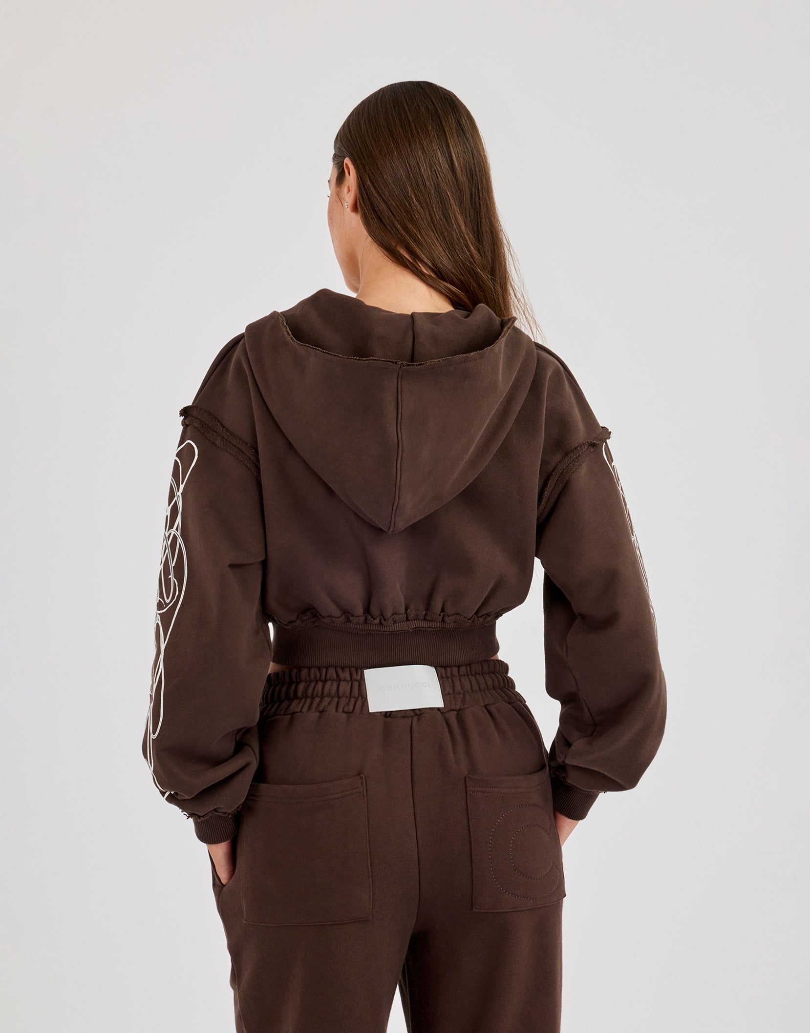 Cropped Distressed Print Zip Hoodie - Chocolate