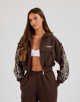 Cropped Distressed Print Zip Hoodie - Chocolate